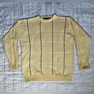 Vintage Light Yellow Plaid Cable Knit Crew Neck Sweater Fishermancore - L